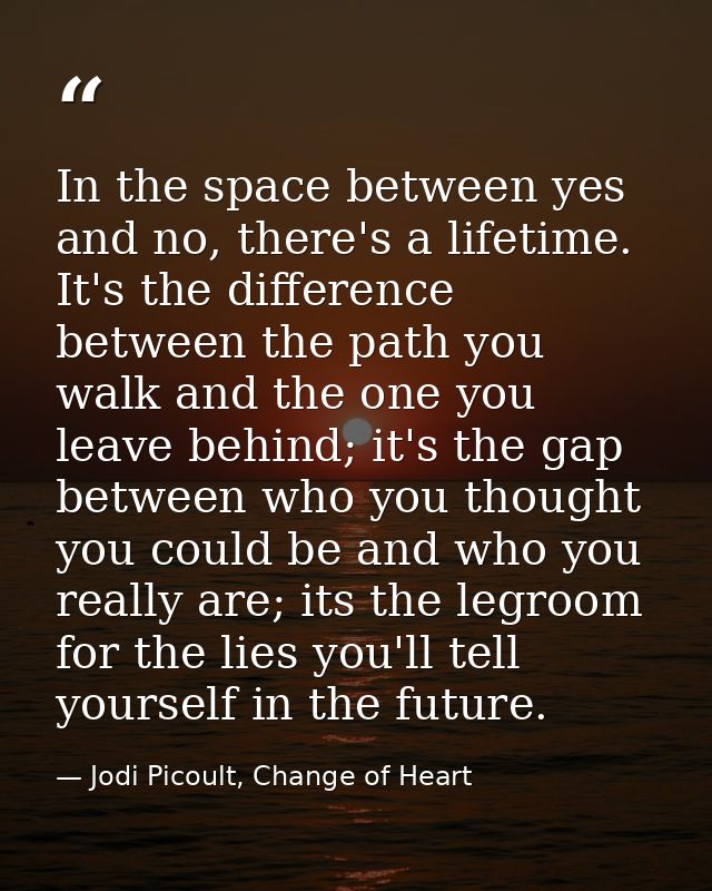 In the space between yes and no, there's a lifetime. It's the difference between the path you walk and the one you leave — Jodi Picoult, Change of Heart