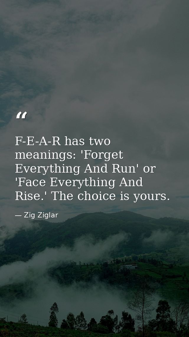 F-E-A-R has two meanings: 'Forget Everything And Run' or 'Face Everything And Rise.' The choice is yours. — Zig Ziglar