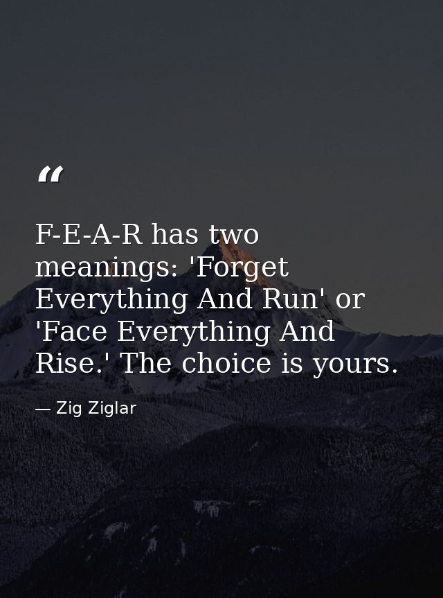 F-E-A-R has two meanings: 'Forget Everything And Run' or 'Face Everything And Rise.' The choice is yours. — Zig Ziglar