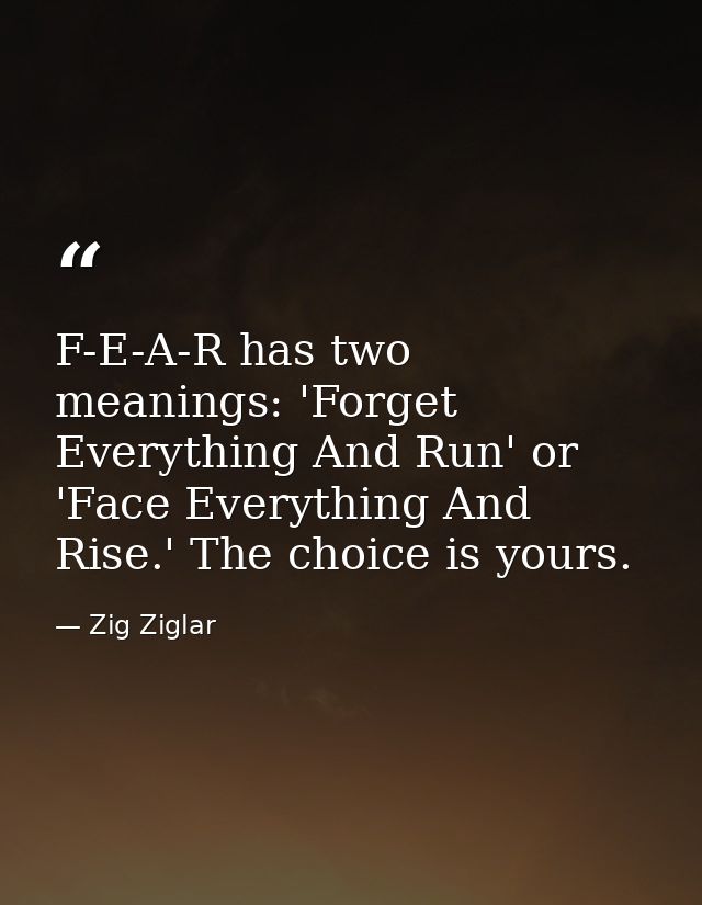 F-E-A-R has two meanings: 'Forget Everything And Run' or 'Face Everything And Rise.' The choice is yours. — Zig Ziglar