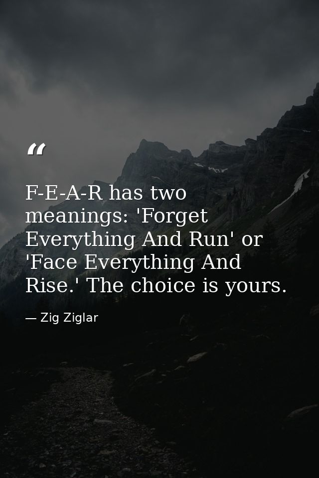 F-E-A-R has two meanings: 'Forget Everything And Run' or 'Face Everything And Rise.' The choice is yours. — Zig Ziglar