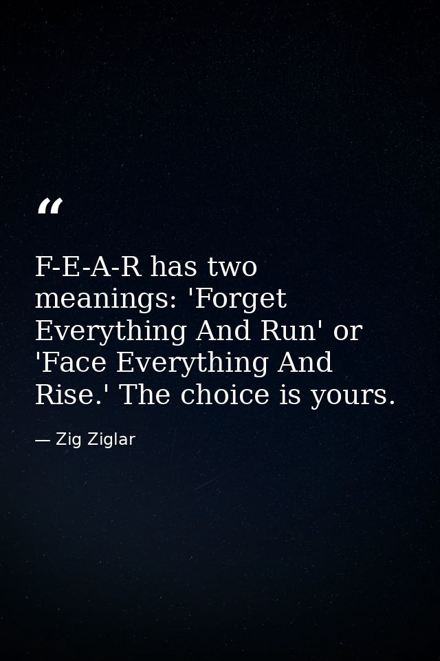 F-E-A-R has two meanings: 'Forget Everything And Run' or 'Face Everything And Rise.' The choice is yours. — Zig Ziglar
