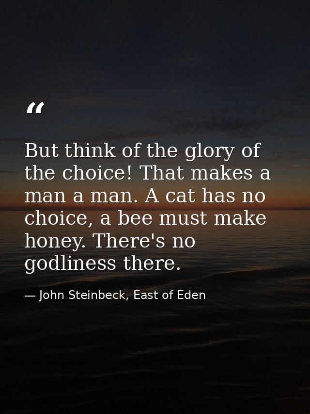 But think of the glory of the choice! That makes a man a man. A cat has no choice, a bee must make honey. There's no god — John Steinbeck, East of Eden