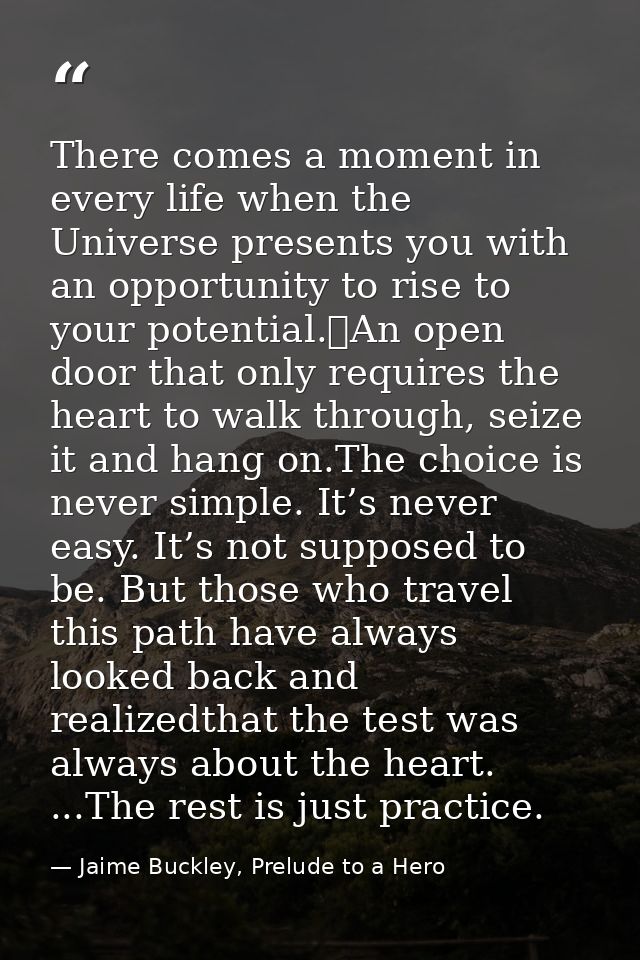 There comes a moment in every life when the Universe presents you with an opportunity to rise to your potential.	An open — Jaime Buckley, Prelude to a Hero