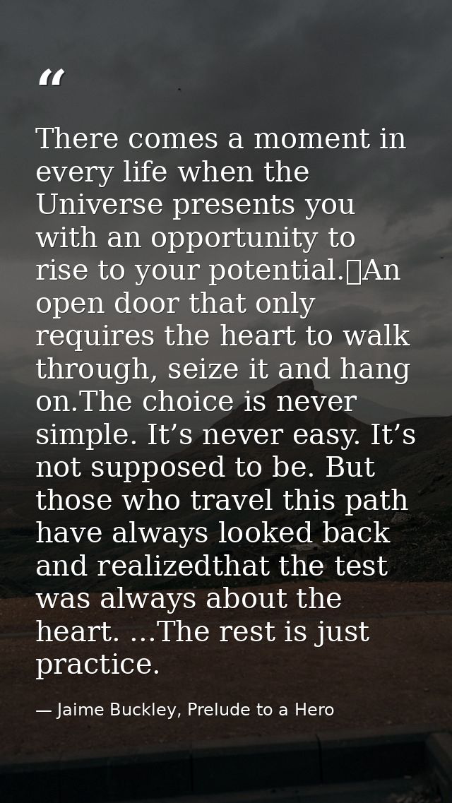 There comes a moment in every life when the Universe presents you with an opportunity to rise to your potential.	An open — Jaime Buckley, Prelude to a Hero