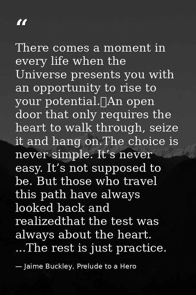 There comes a moment in every life when the Universe presents you with an opportunity to rise to your potential.	An open — Jaime Buckley, Prelude to a Hero