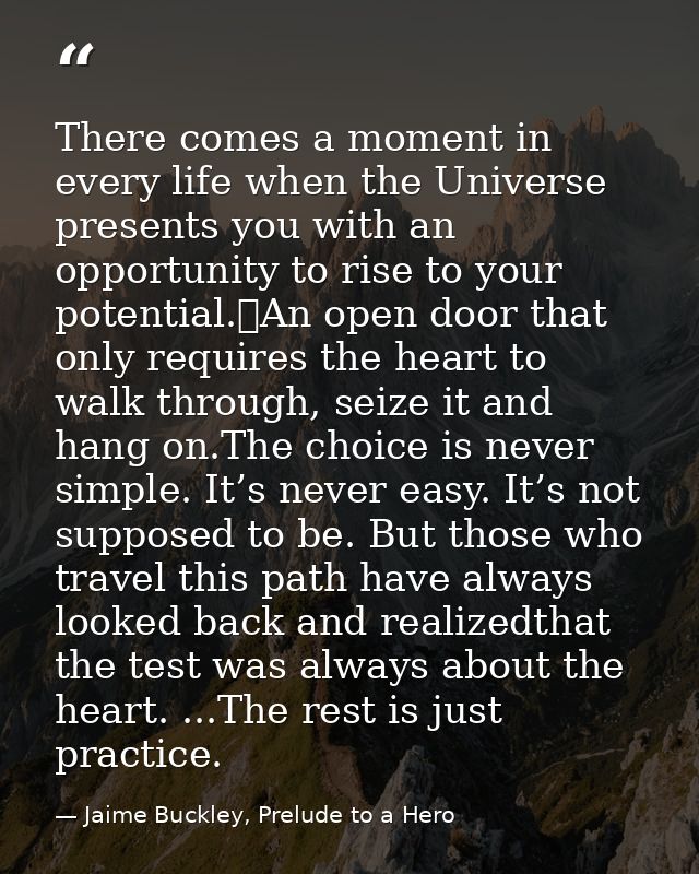 There comes a moment in every life when the Universe presents you with an opportunity to rise to your potential.	An open — Jaime Buckley, Prelude to a Hero