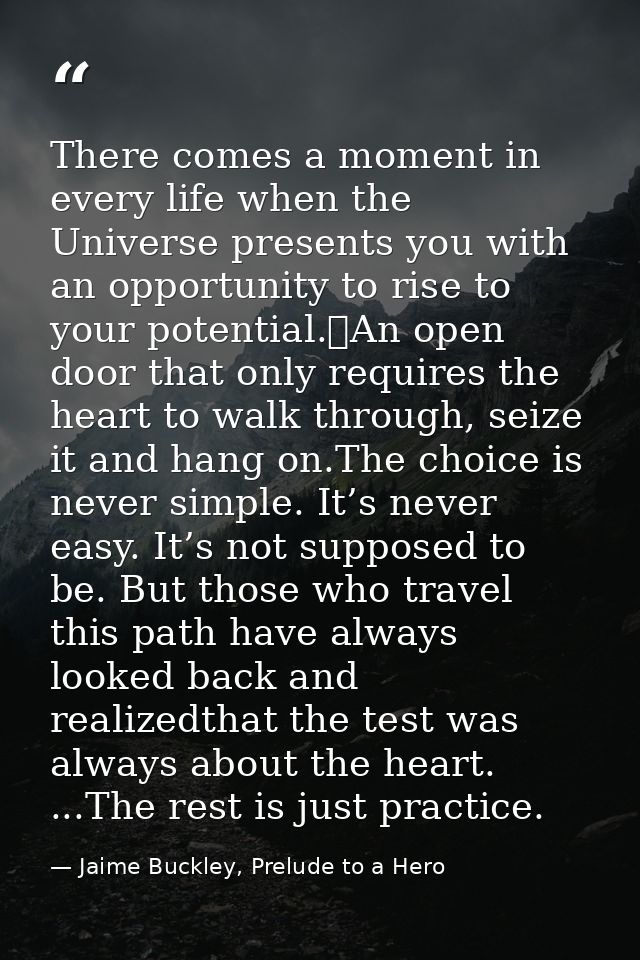 There comes a moment in every life when the Universe presents you with an opportunity to rise to your potential.	An open — Jaime Buckley, Prelude to a Hero