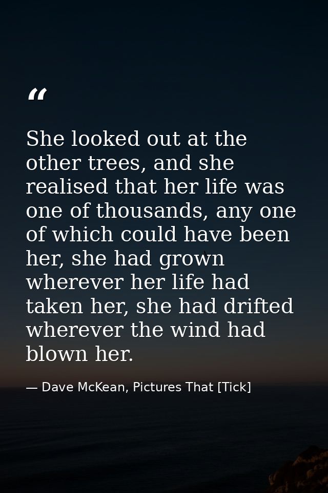 She looked out at the other trees, and she realised that her life was one of thousands, any one of which could have been — Dave McKean, Pictures That [Tick]