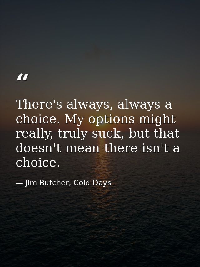There's always, always a choice. My options might really, truly suck, but that doesn't mean there isn't a choice. — Jim Butcher, Cold Days