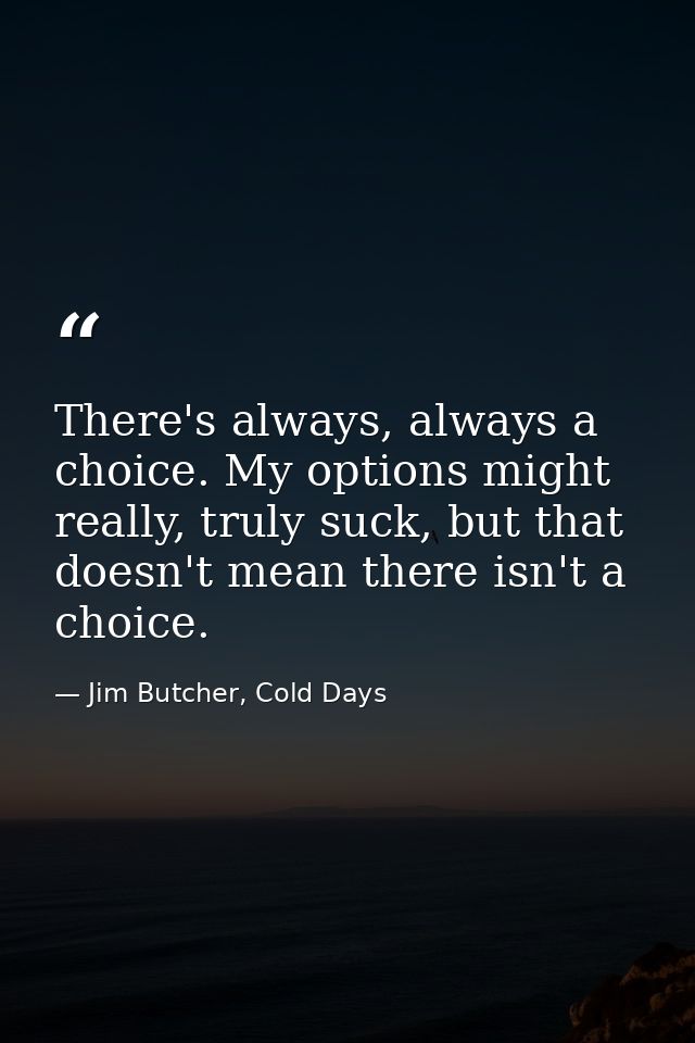 There's always, always a choice. My options might really, truly suck, but that doesn't mean there isn't a choice. — Jim Butcher, Cold Days