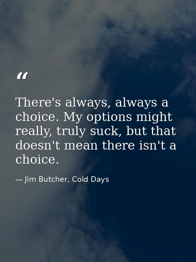 There's always, always a choice. My options might really, truly suck, but that doesn't mean there isn't a choice. — Jim Butcher, Cold Days