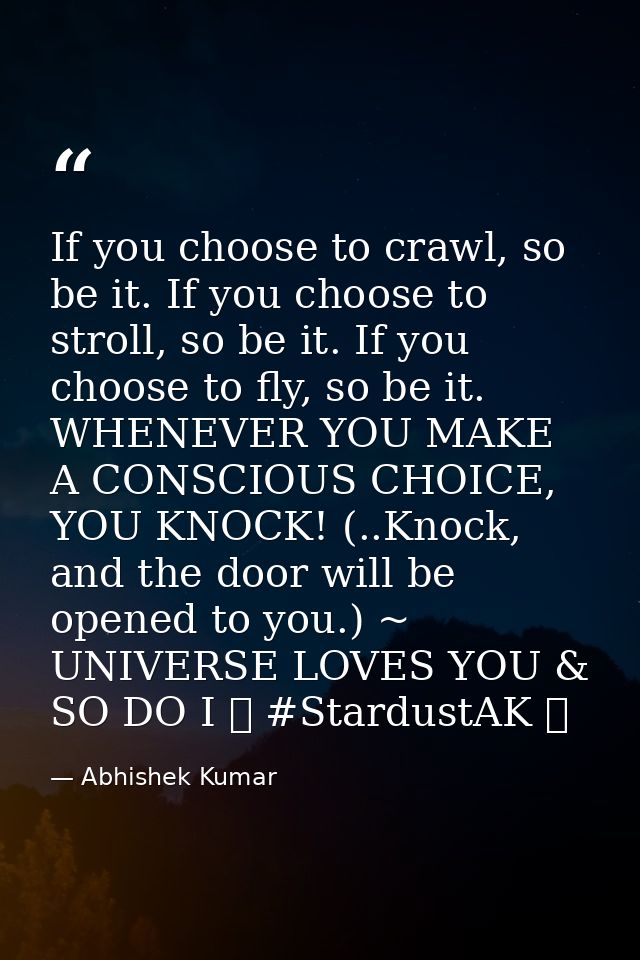 If you choose to crawl, so be it. If you choose to stroll, so be it. If you choose to fly, so be it. WHENEVER YOU MAKE A — Abhishek Kumar