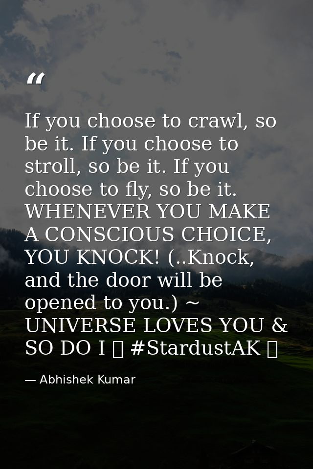 If you choose to crawl, so be it. If you choose to stroll, so be it. If you choose to fly, so be it. WHENEVER YOU MAKE A — Abhishek Kumar