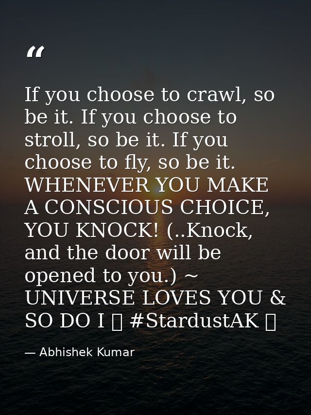 If you choose to crawl, so be it. If you choose to stroll, so be it. If you choose to fly, so be it. WHENEVER YOU MAKE A — Abhishek Kumar