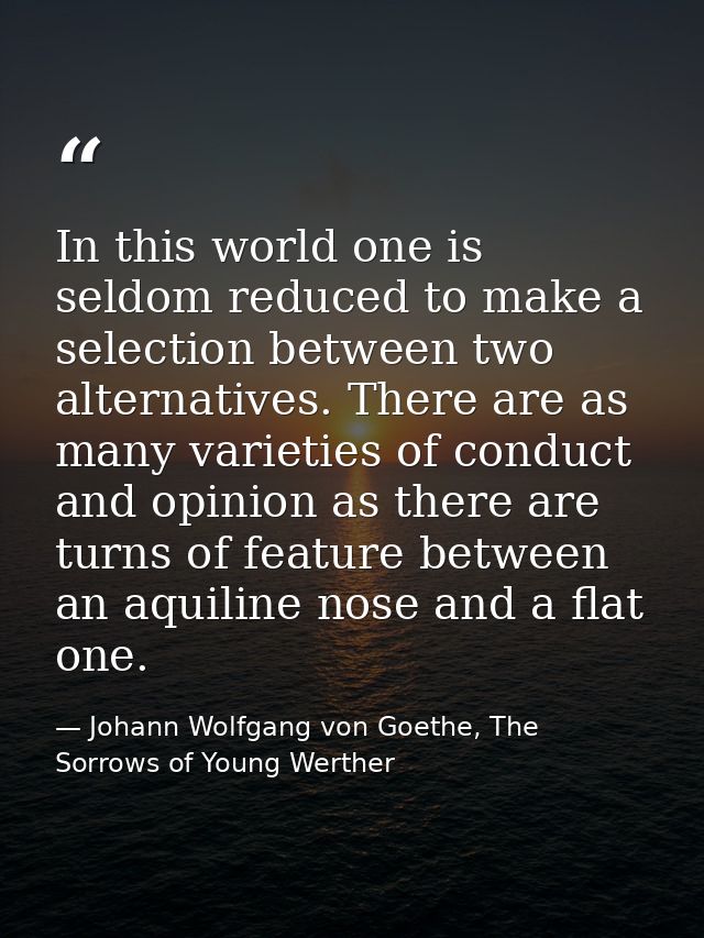 In this world one is seldom reduced to make a selection between two alternatives. There are as many varieties of conduct — Johann Wolfgang von Goethe, The Sorrows of Young Werther