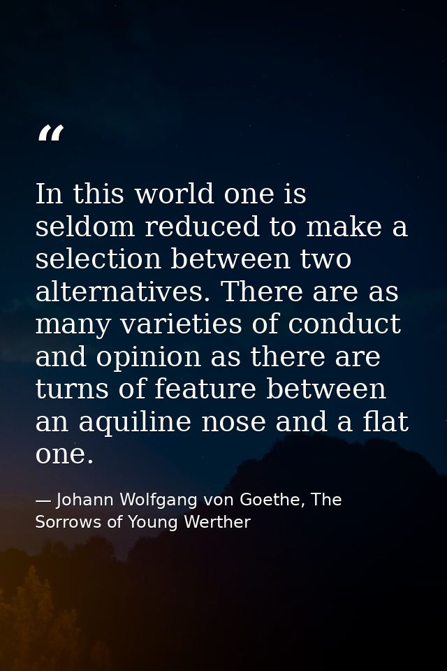 In this world one is seldom reduced to make a selection between two alternatives. There are as many varieties of conduct — Johann Wolfgang von Goethe, The Sorrows of Young Werther