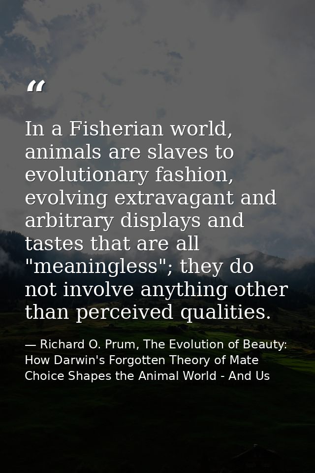 In a Fisherian world, animals are slaves to evolutionary fashion, evolving extravagant and arbitrary displays and tastes — Richard O. Prum, The Evolution of Beauty: How Darwin's Forgotten Theory of Mate Choice Shapes the Animal World - And Us