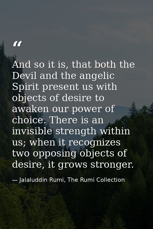 And so it is, that both the Devil and the angelic Spirit present us with objects of desire to awaken our power of choice — Jalaluddin Rumi, The Rumi Collection