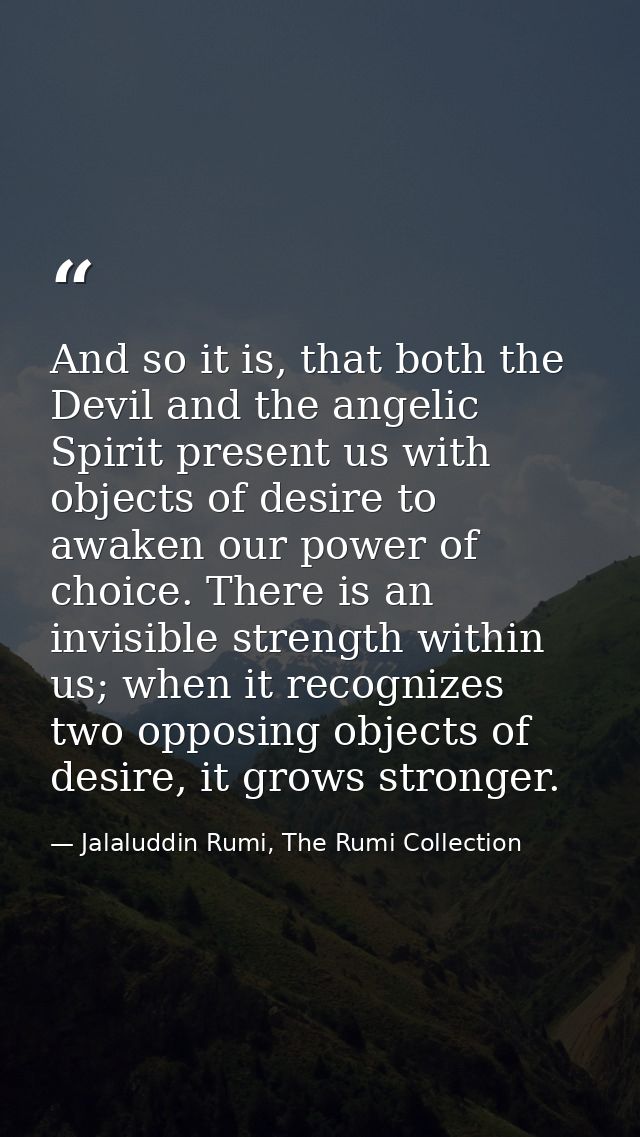 And so it is, that both the Devil and the angelic Spirit present us with objects of desire to awaken our power of choice — Jalaluddin Rumi, The Rumi Collection