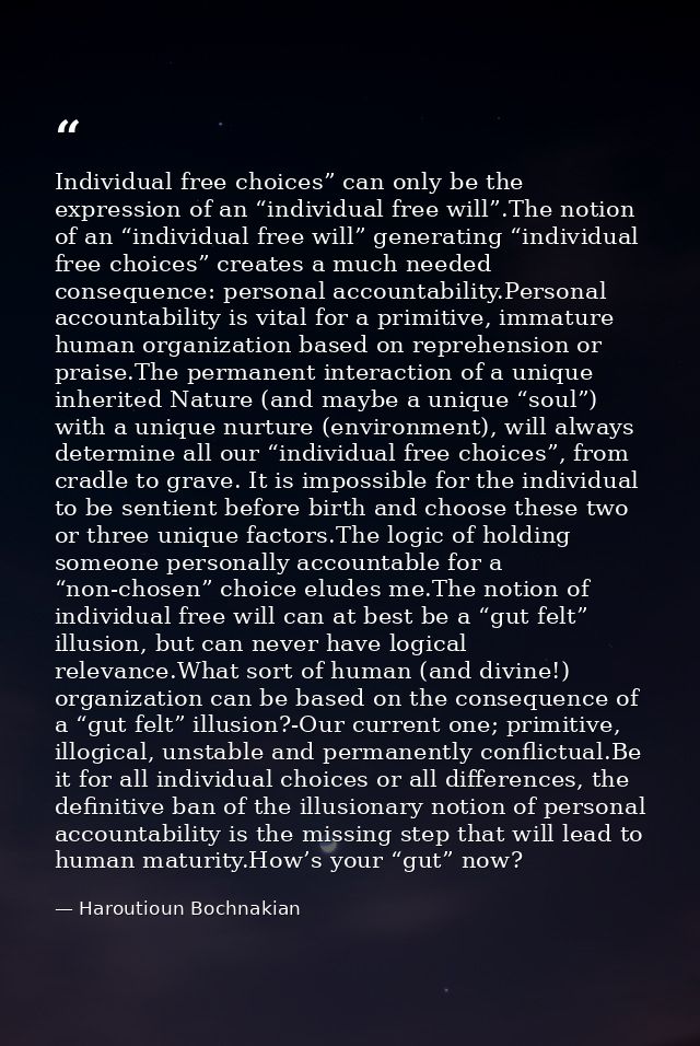 Individual free choices” can only be the expression of an “individual free will”.The notion of an “individual free will” — Haroutioun Bochnakian
