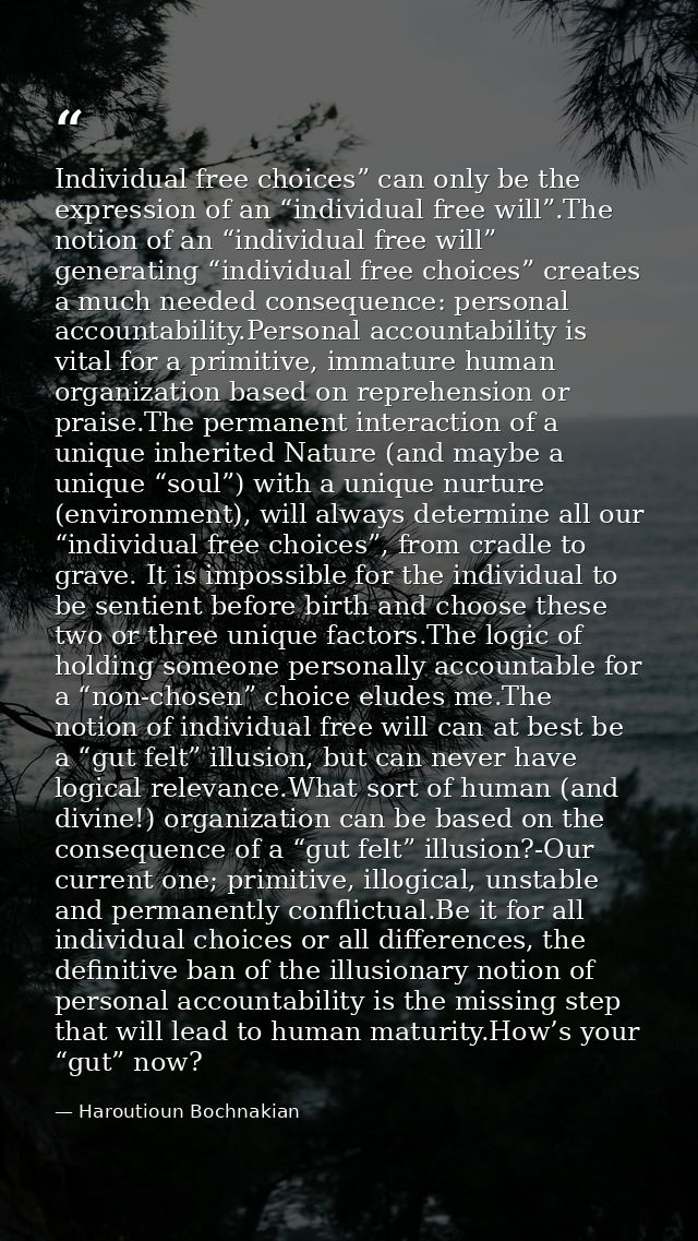 Individual free choices” can only be the expression of an “individual free will”.The notion of an “individual free will” — Haroutioun Bochnakian