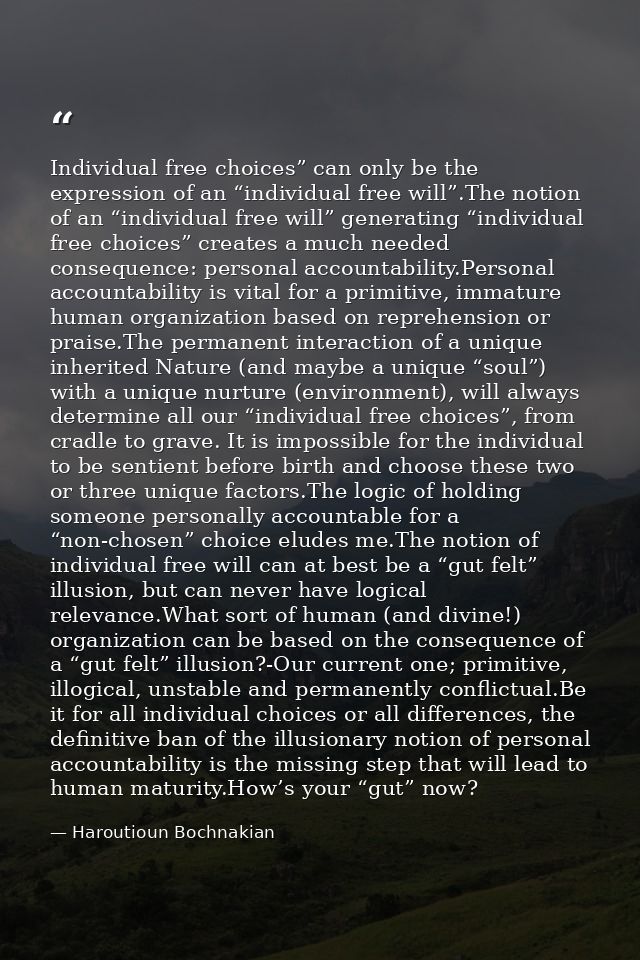 Individual free choices” can only be the expression of an “individual free will”.The notion of an “individual free will” — Haroutioun Bochnakian
