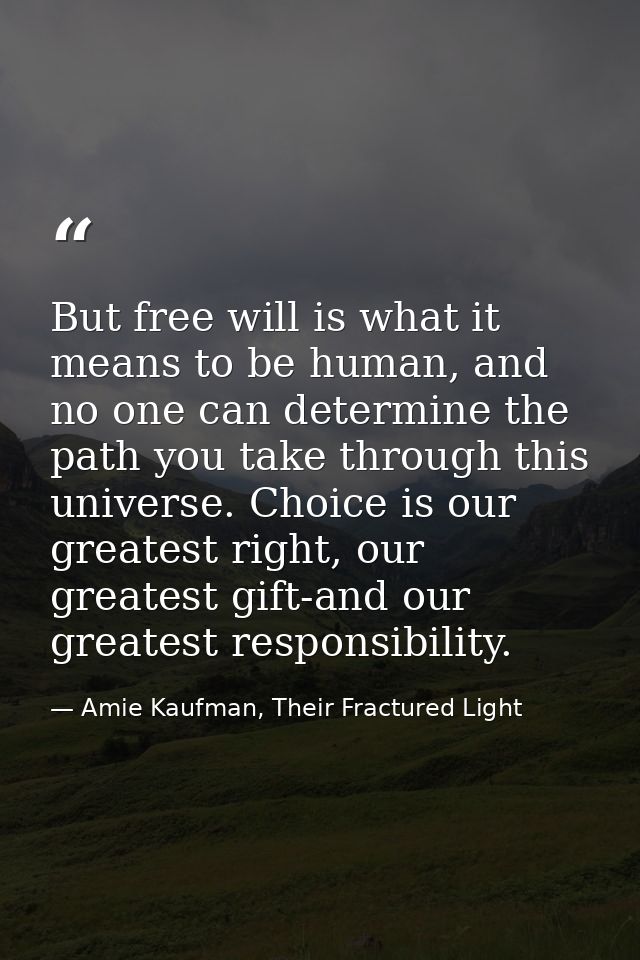 But free will is what it means to be human, and no one can determine the path you take through this universe. Choice is  — Amie Kaufman, Their Fractured Light