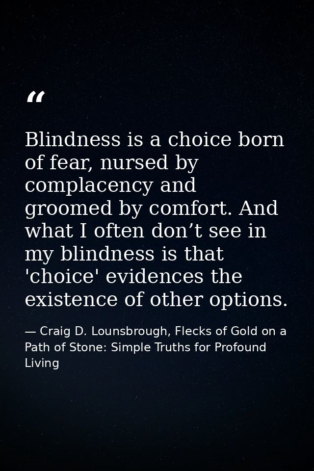 Blindness is a choice born of fear, nursed by complacency and groomed by comfort. And what I often don’t see in my blind — Craig D. Lounsbrough, Flecks of Gold on a Path of Stone: Simple Truths for Profound Living