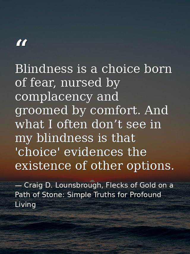 Blindness is a choice born of fear, nursed by complacency and groomed by comfort. And what I often don’t see in my blind — Craig D. Lounsbrough, Flecks of Gold on a Path of Stone: Simple Truths for Profound Living
