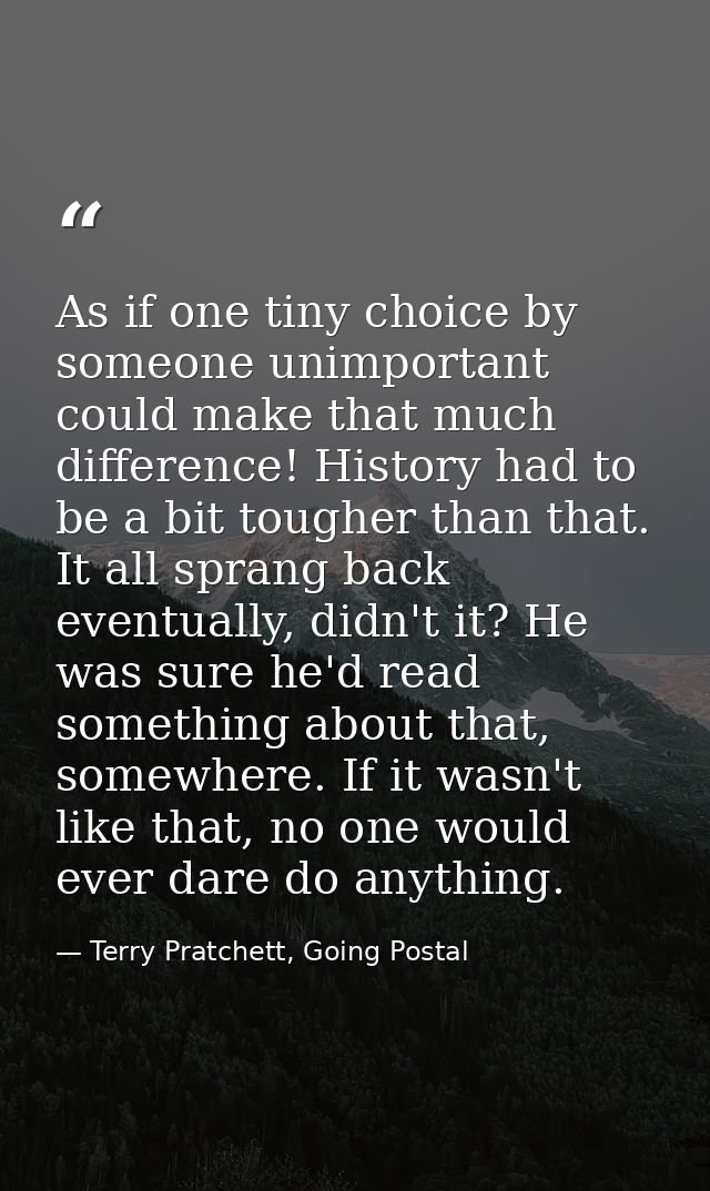 As if one tiny choice by someone unimportant could make that much difference! History had to be a bit tougher than that. — Terry Pratchett, Going Postal