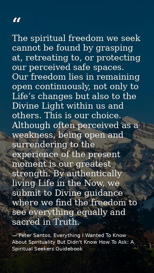 The spiritual freedom we seek cannot be found by grasping at, retreating to, or protecting our perceived safe spaces. Ou — Peter Santos, Everything I Wanted To Know About Spirituality But Didn't Know How To Ask: A Spiritual Seekers Guidebook