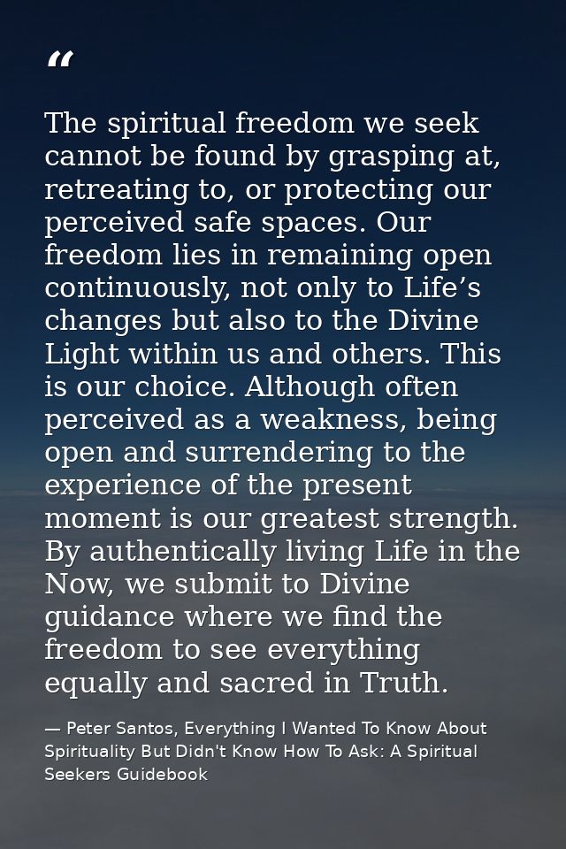 The spiritual freedom we seek cannot be found by grasping at, retreating to, or protecting our perceived safe spaces. Ou — Peter Santos, Everything I Wanted To Know About Spirituality But Didn't Know How To Ask: A Spiritual Seekers Guidebook