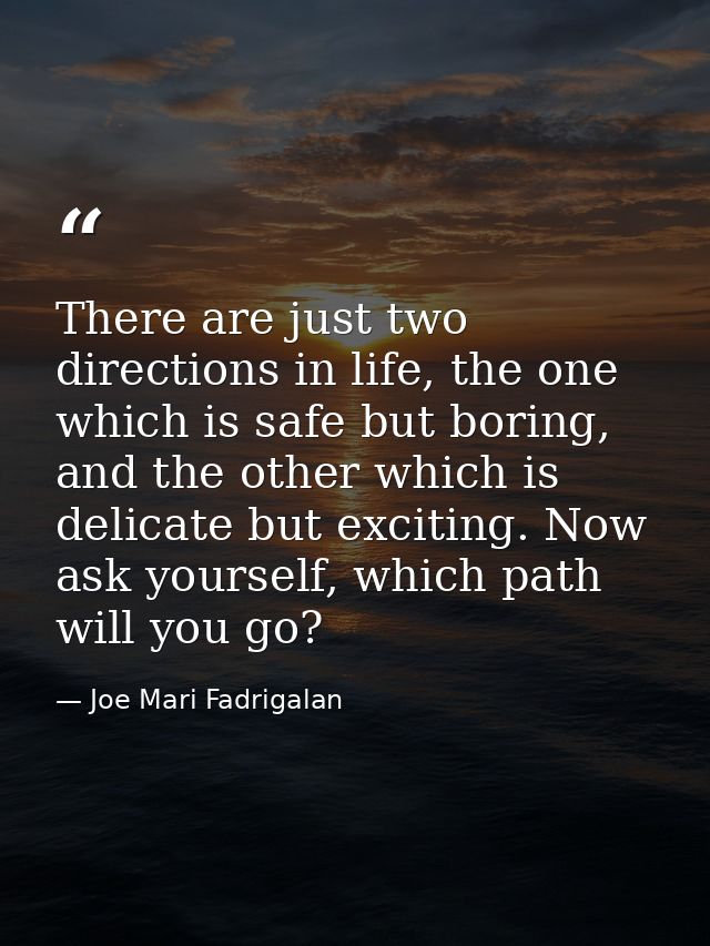 There are just two directions in life, the one which is safe but boring, and the other which is delicate but exciting. N — Joe Mari Fadrigalan