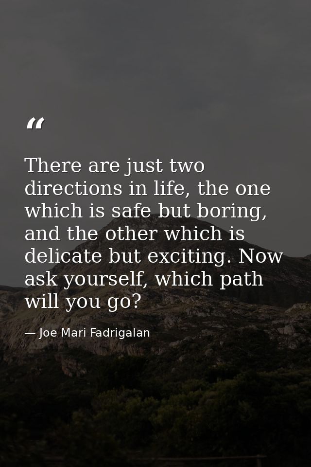 There are just two directions in life, the one which is safe but boring, and the other which is delicate but exciting. N — Joe Mari Fadrigalan
