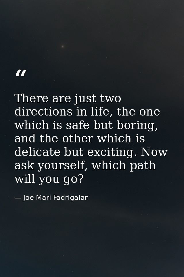 There are just two directions in life, the one which is safe but boring, and the other which is delicate but exciting. N — Joe Mari Fadrigalan