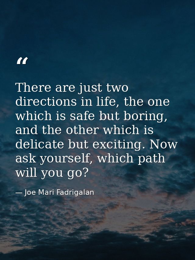 There are just two directions in life, the one which is safe but boring, and the other which is delicate but exciting. N — Joe Mari Fadrigalan