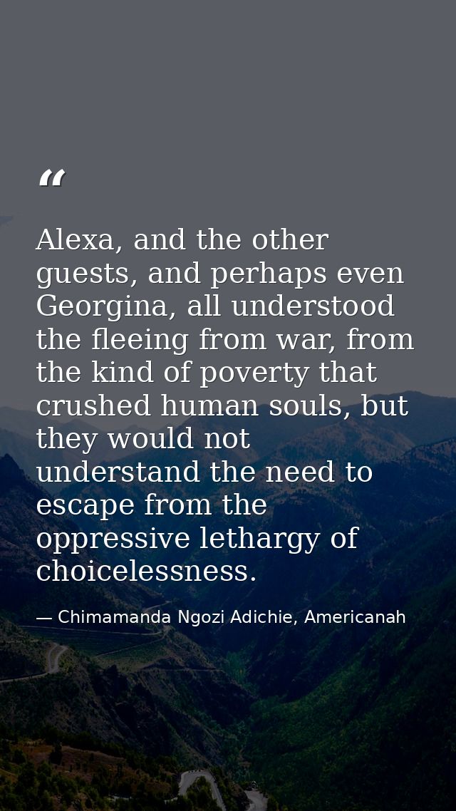 Alexa, and the other guests, and perhaps even Georgina, all understood the fleeing from war, from the kind of poverty th — Chimamanda Ngozi Adichie, Americanah