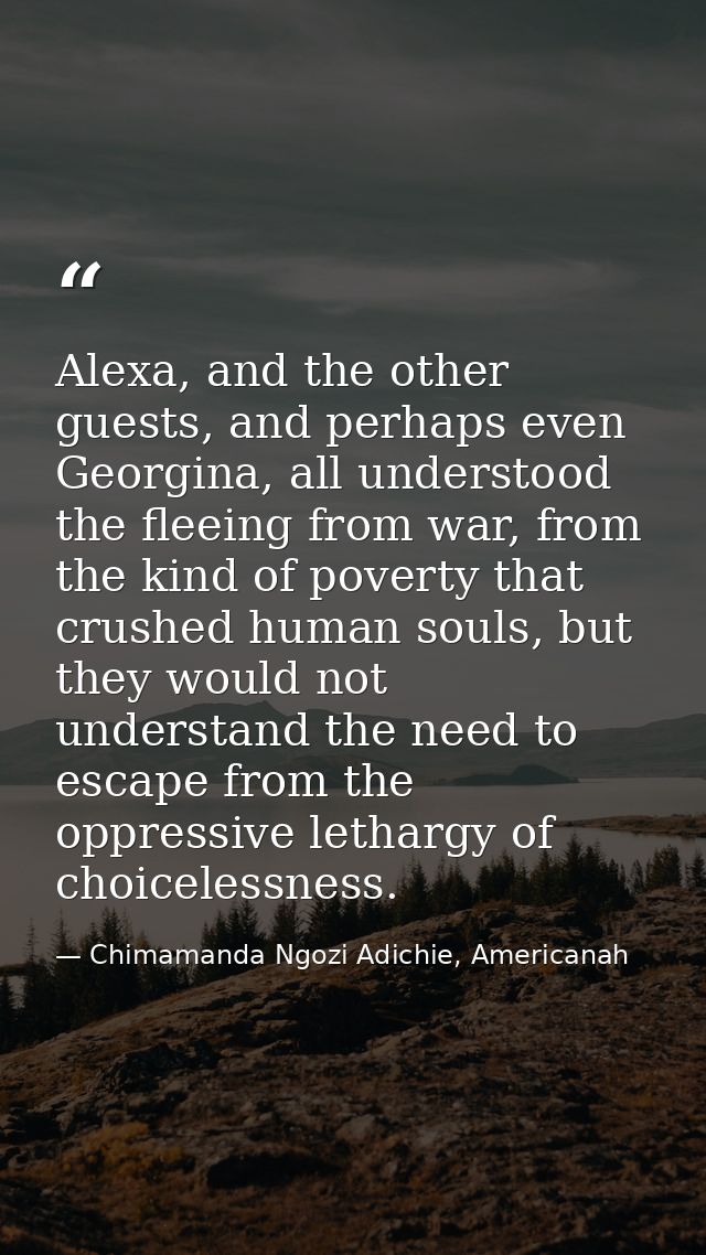 Alexa, and the other guests, and perhaps even Georgina, all understood the fleeing from war, from the kind of poverty th — Chimamanda Ngozi Adichie, Americanah