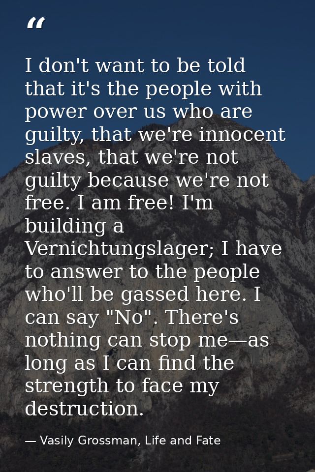 I don't want to be told that it's the people with power over us who are guilty, that we're innocent slaves, that we're n — Vasily Grossman, Life and Fate