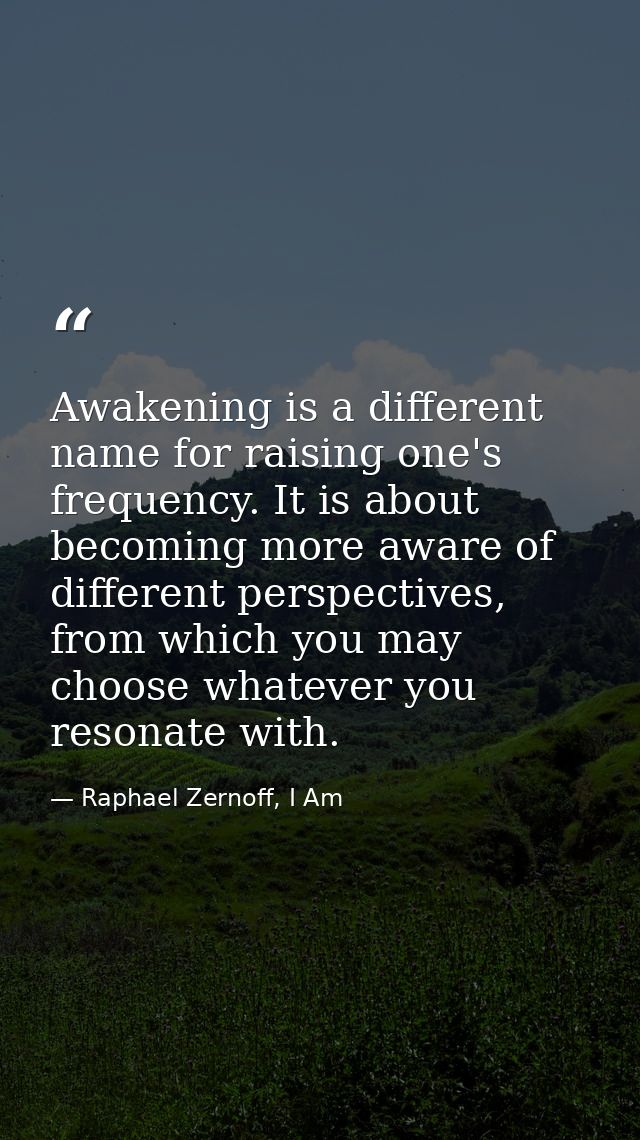 Awakening is a different name for raising one's frequency. It is about becoming more aware of different perspectives, fr — Raphael Zernoff, I Am