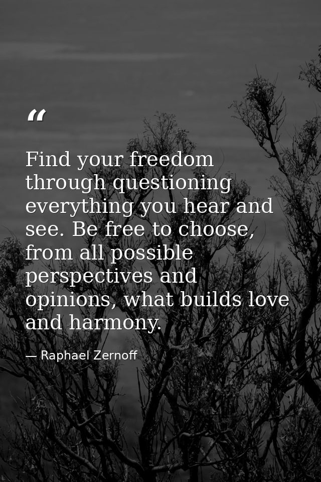 Find your freedom through questioning everything you hear and see. Be free to choose, from all possible perspectives and — Raphael Zernoff