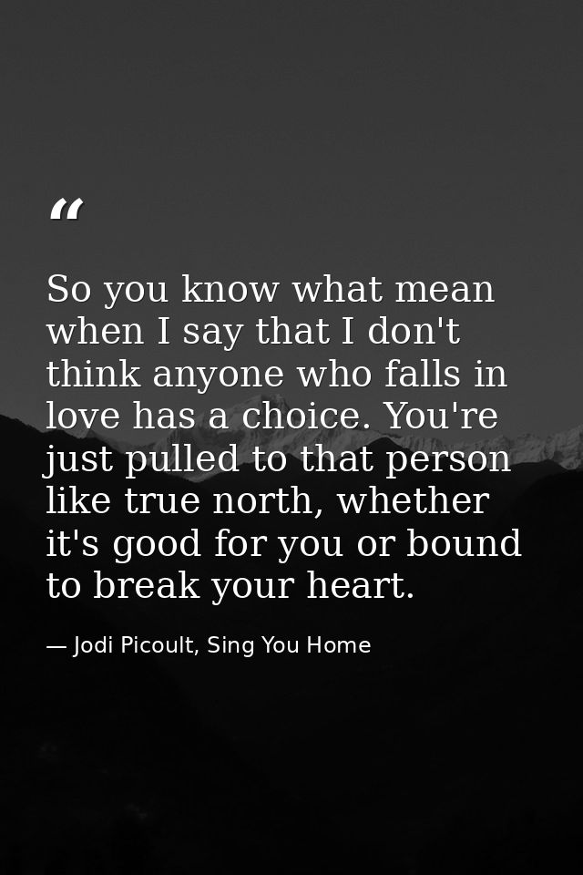 So you know what mean when I say that I don't think anyone who falls in love has a choice. You're just pulled to that pe — Jodi Picoult, Sing You Home