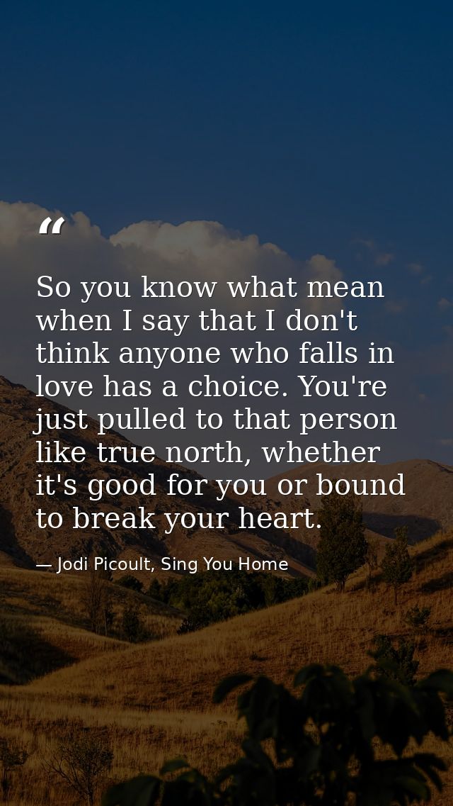 So you know what mean when I say that I don't think anyone who falls in love has a choice. You're just pulled to that pe — Jodi Picoult, Sing You Home