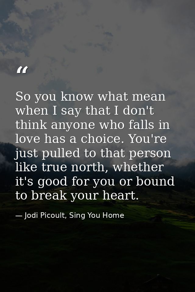 So you know what mean when I say that I don't think anyone who falls in love has a choice. You're just pulled to that pe — Jodi Picoult, Sing You Home