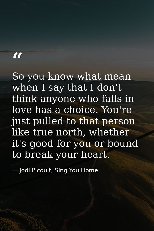 So you know what mean when I say that I don't think anyone who falls in love has a choice. You're just pulled to that pe — Jodi Picoult, Sing You Home