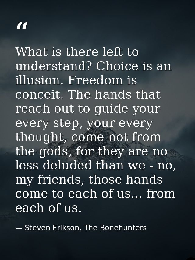 What is there left to understand? Choice is an illusion. Freedom is conceit. The hands that reach out to guide your ever — Steven Erikson, The Bonehunters