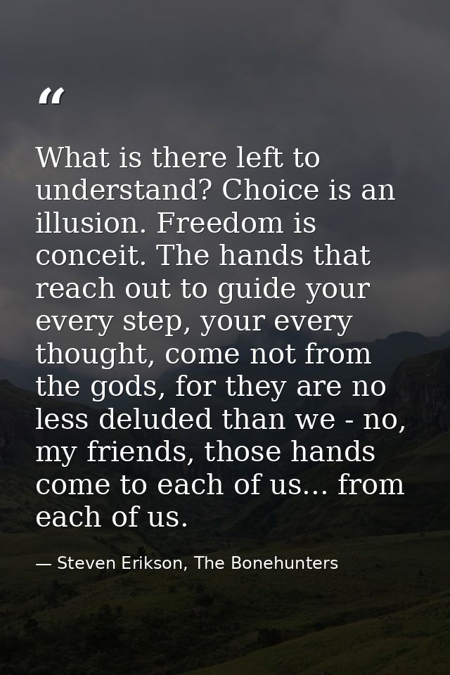 What is there left to understand? Choice is an illusion. Freedom is conceit. The hands that reach out to guide your ever — Steven Erikson, The Bonehunters