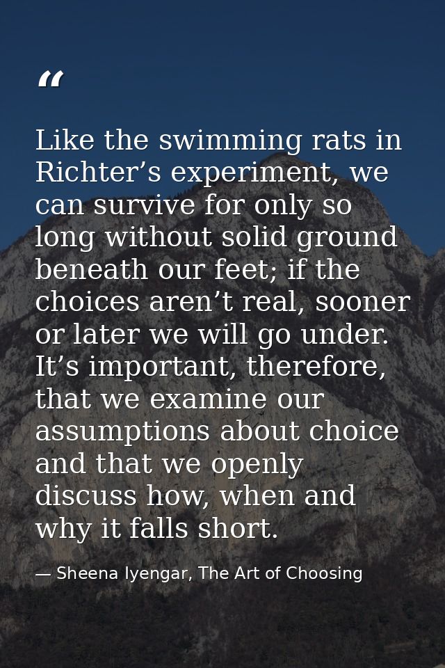 Like the swimming rats in Richter’s experiment, we can survive for only so long without solid ground beneath our feet; i — Sheena Iyengar, The Art of Choosing
