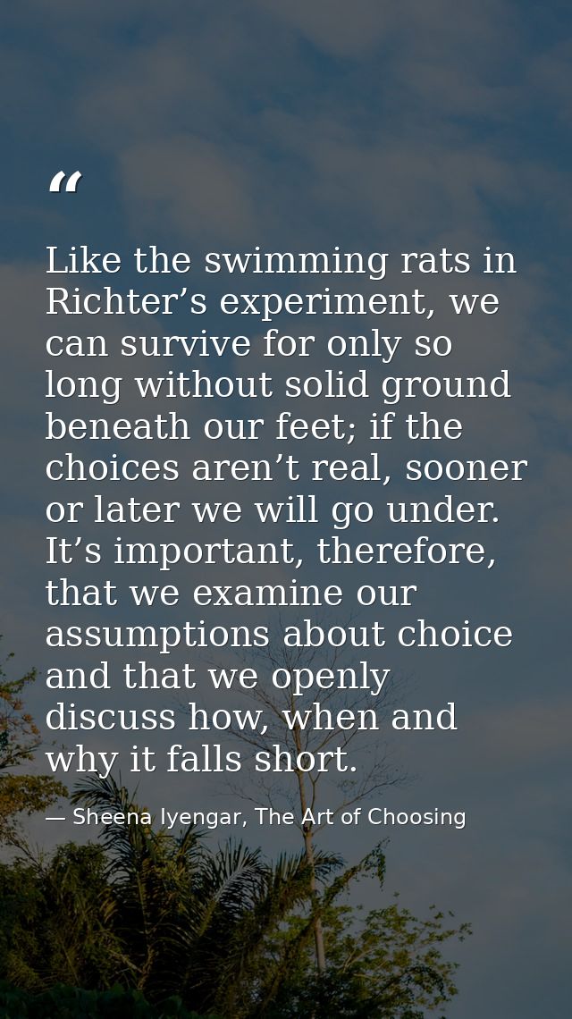 Like the swimming rats in Richter’s experiment, we can survive for only so long without solid ground beneath our feet; i — Sheena Iyengar, The Art of Choosing